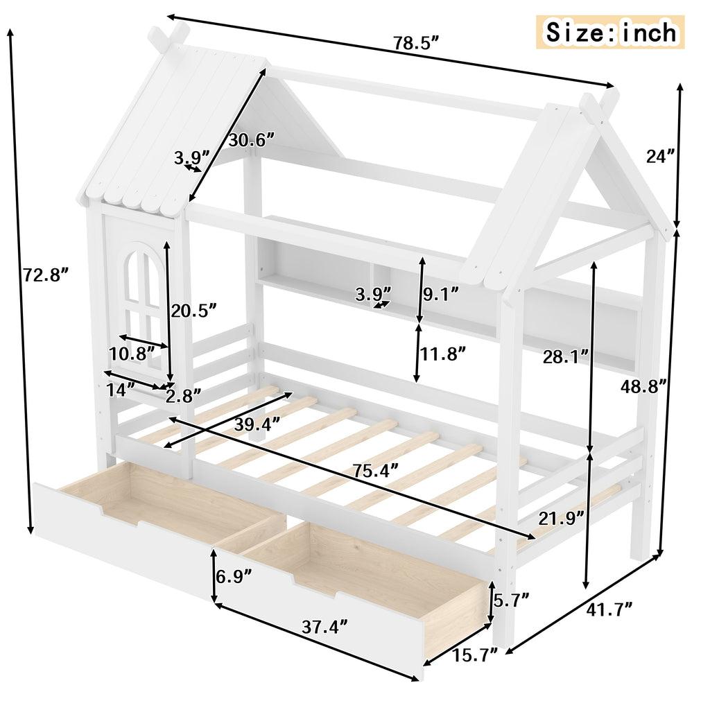 Twin house Beds with Storage Drawers and Window, Solid Wood House Platform Bed Frame with shelves, for Kids, Girls, Boys, No Spring Box Needed and Childlike Design, White