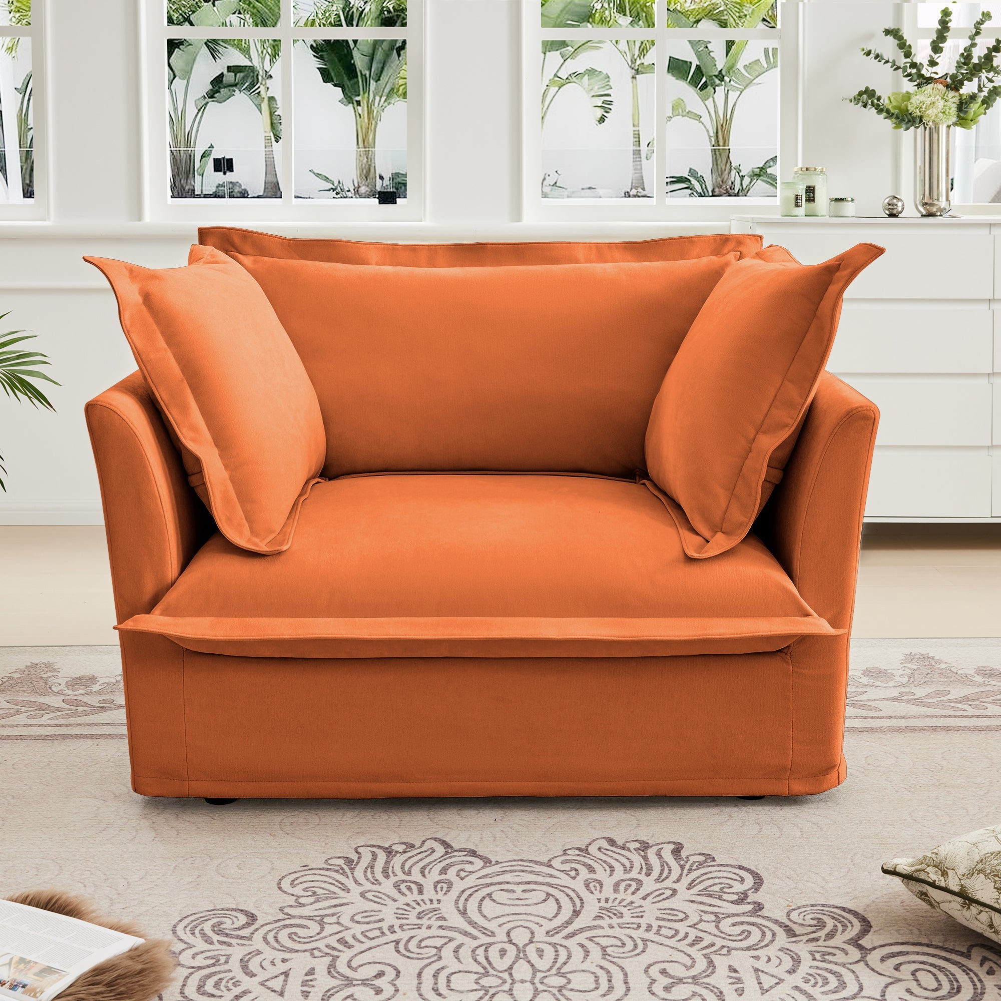 Slip-covered Armchair with 1 Big Back Cushion and 2 Big Toss Pillows, Single Deep Seat Comfy Single Couch Sofa Multiple Large Soft Pillows, Chenille Fabric, Orange