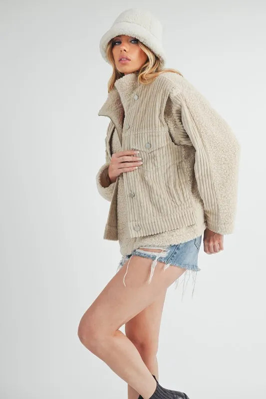 Aemi + Co Fake Two Pieces Turtleneck Sherpa Jacket with Pockets