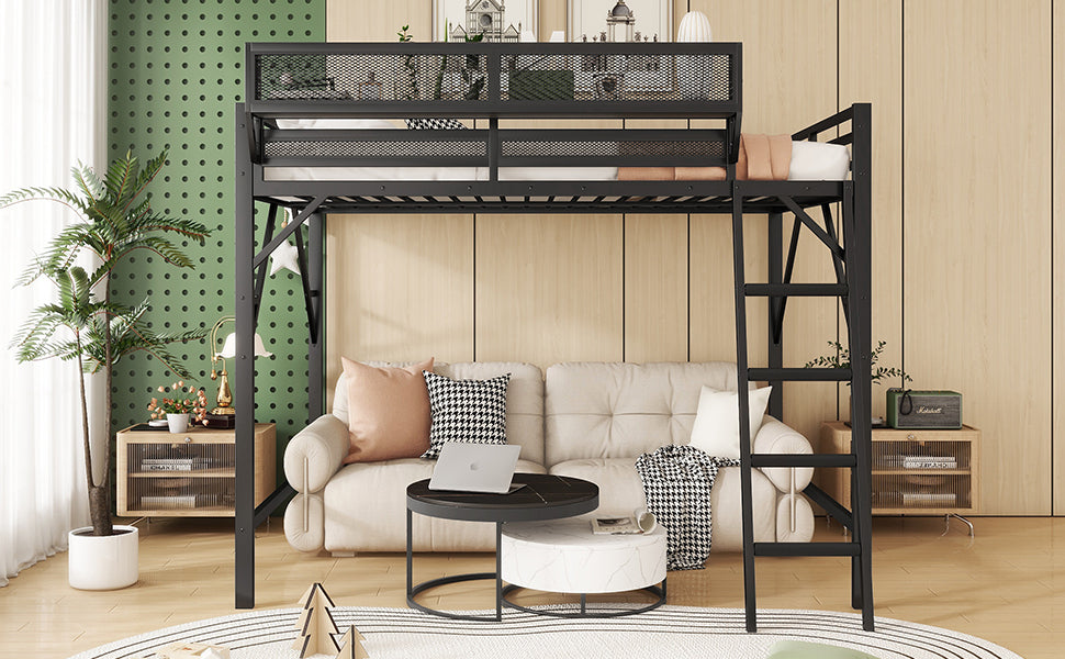 Full Size Loft Bed with Ladder, Metal Full Loft Bed with Storage Shelves, High Loft Bed for Kids Teens, Black(Expect Arrival Date 2025/11/26, Old SKU W2580P353531)