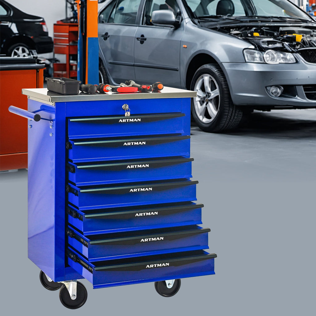 7 Drawers Multifunctional Tool Cart with Wheels,Metal Rolling Tool Cart Storage for Garage Workshop Warehouse Repair Shop--With Stainless Steel Roof- BLACK&BLUE