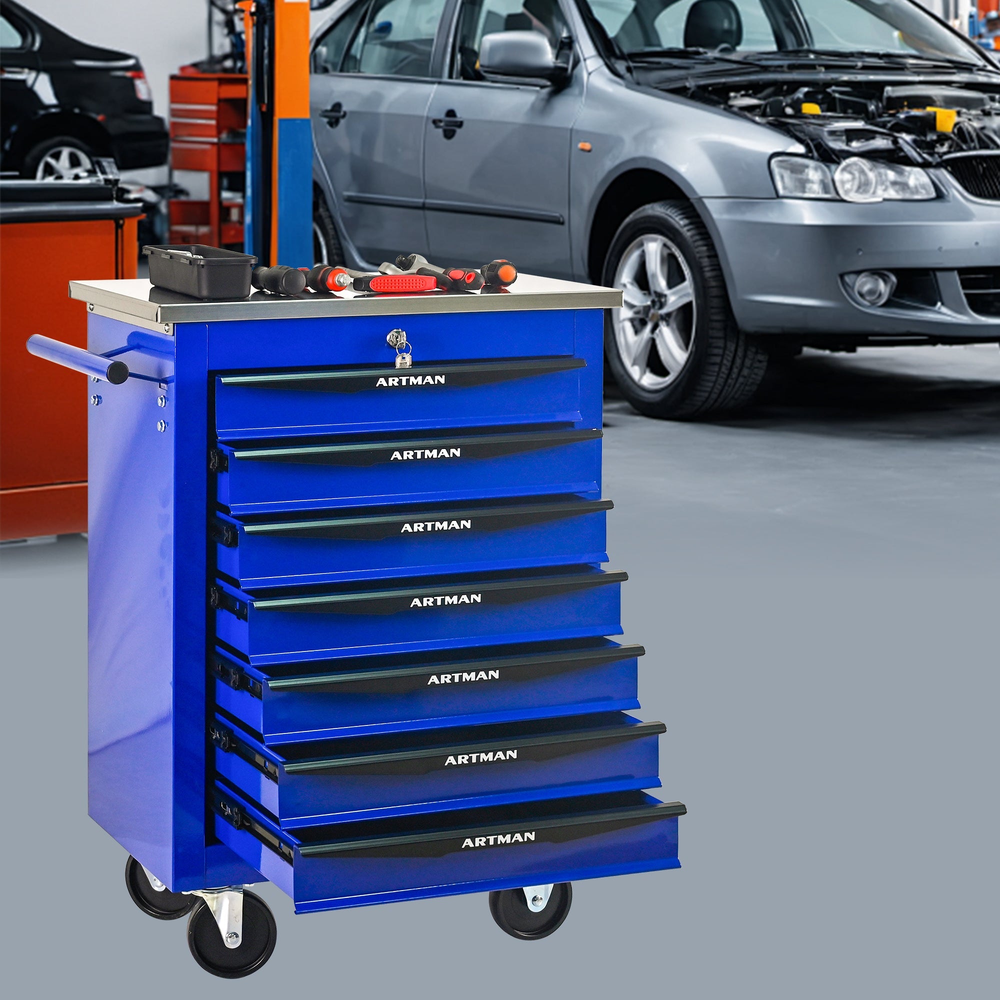 7 Drawers Multifunctional Tool Cart with Wheels,Metal Rolling Tool Cart Storage for Garage Workshop Warehouse Repair Shop--With Stainless Steel Roof- BLACK&BLUE