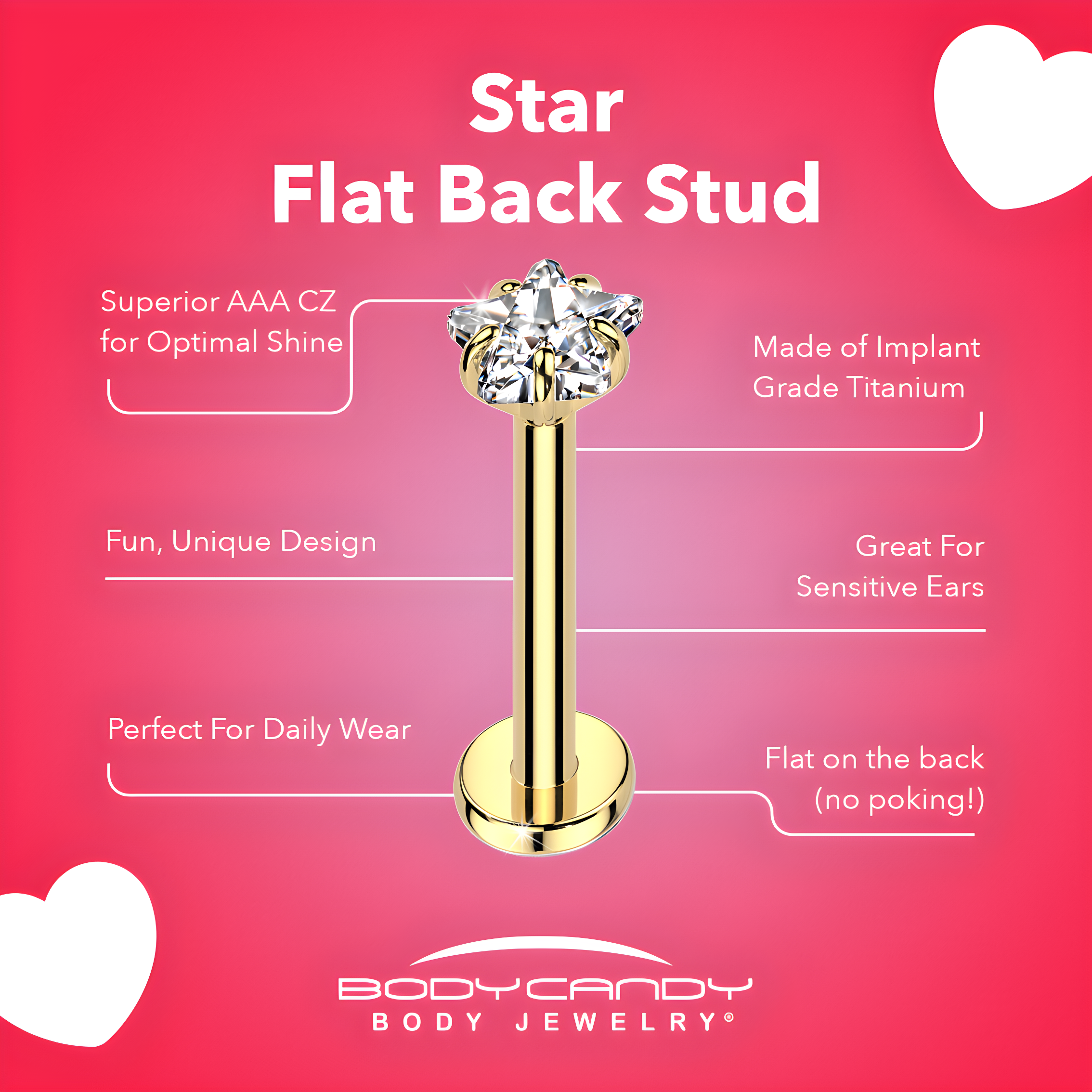 20G 5/16 3mm CZ Star Gold PVD Medical Grade Titanium Flat Back Earring