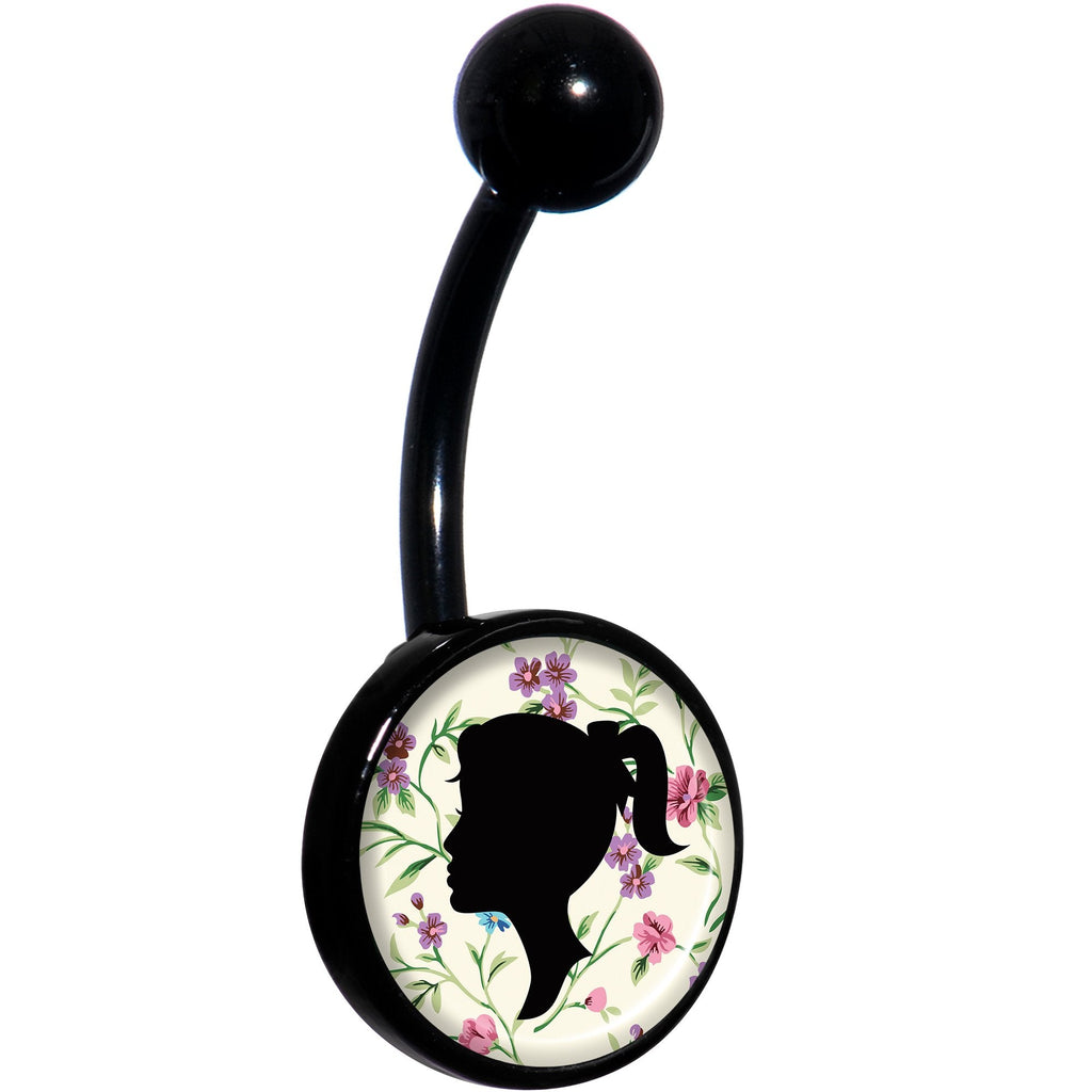 Woman Floral Silhouette Black Belly Ring
