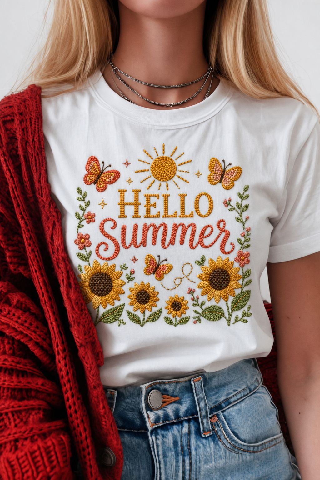Hello Summer PNG Digital Download – Embroidered Sunflower & Butterfly Summer Design