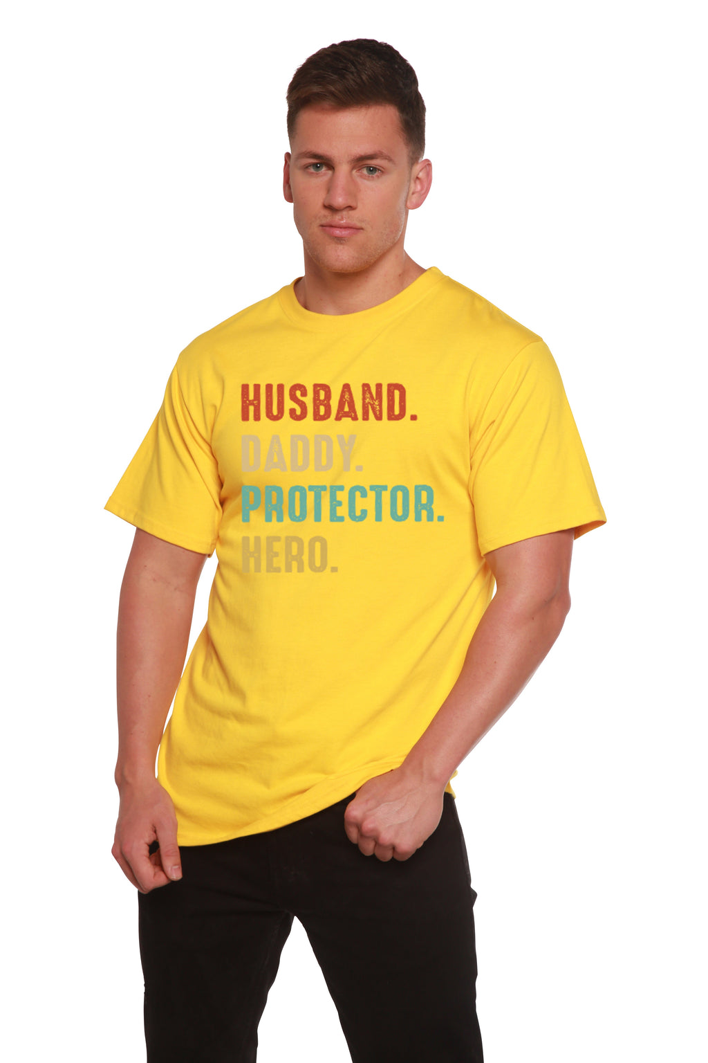 Husband, Daddy, Protector, Hero Men's Bamboo Viscose/Organic Cotton Short Sleeve Graphic T-Shirt