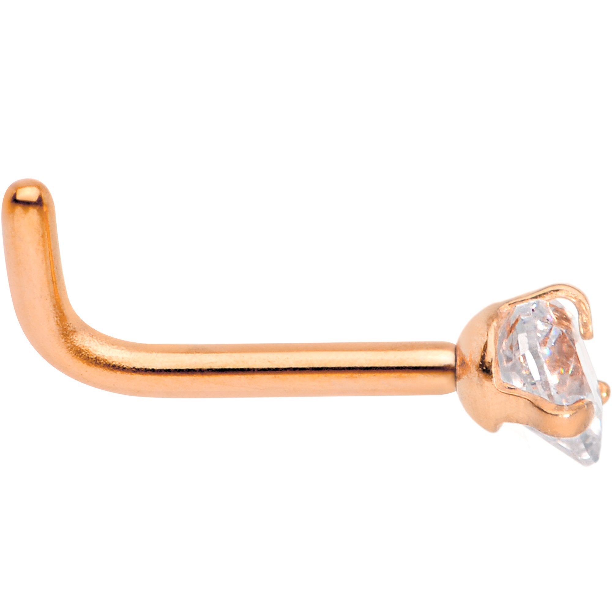 18G 1/4 Clear Heart 3mm CZ Gem Rose Gold IP L-Shape Nose Ring