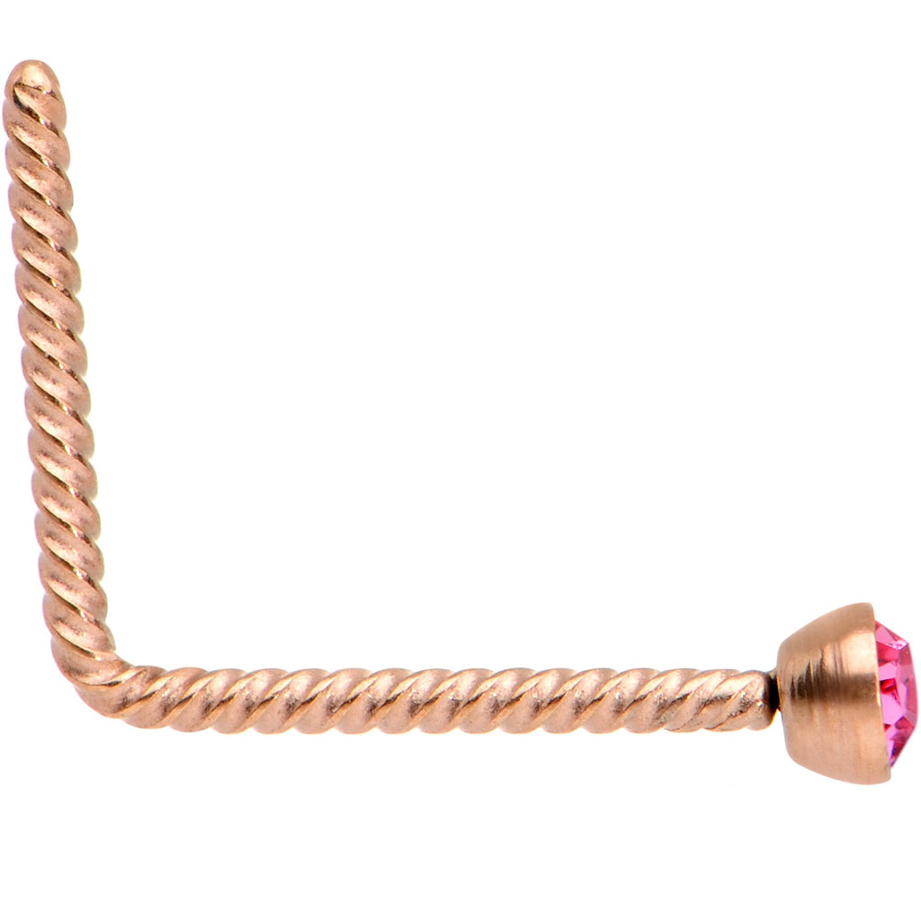 Pink 2mm Gem Inlay Rose Gold IP So Twisted L Shaped Nose Ring