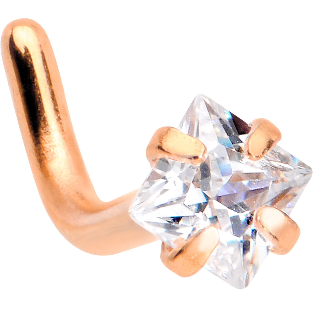 18G 1/4 Clear Square 2.5mm CZ Gem Rose Gold IP L-Shape Nose Ring