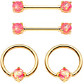 Pink Faux Opal Gold Tone Captive Ring Straight Barbell Nipple Ring Set