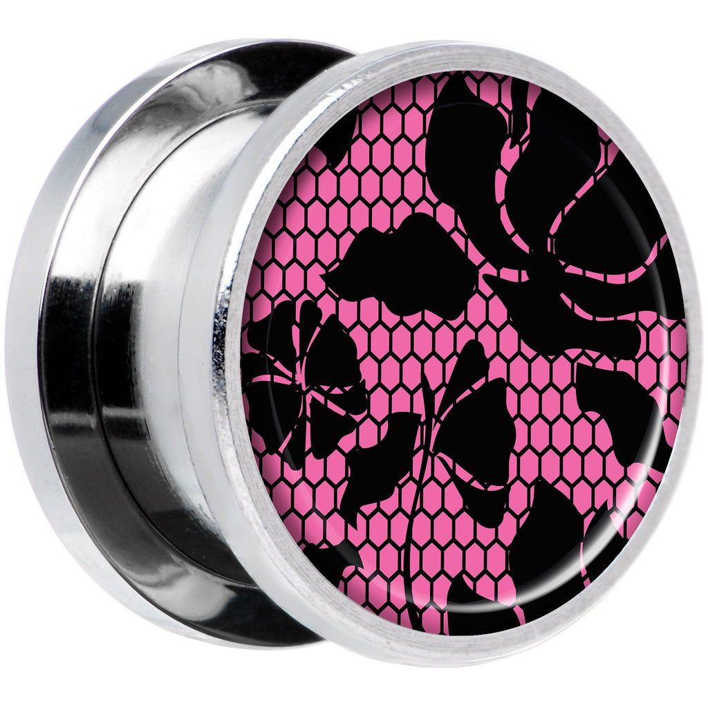 Pink Floral Lace Steel Screw Fit Plug Set 9/16