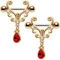 9/16 Red CZ Gem Gold Tone Fancy Filigree Dangle Nipple Shield Set