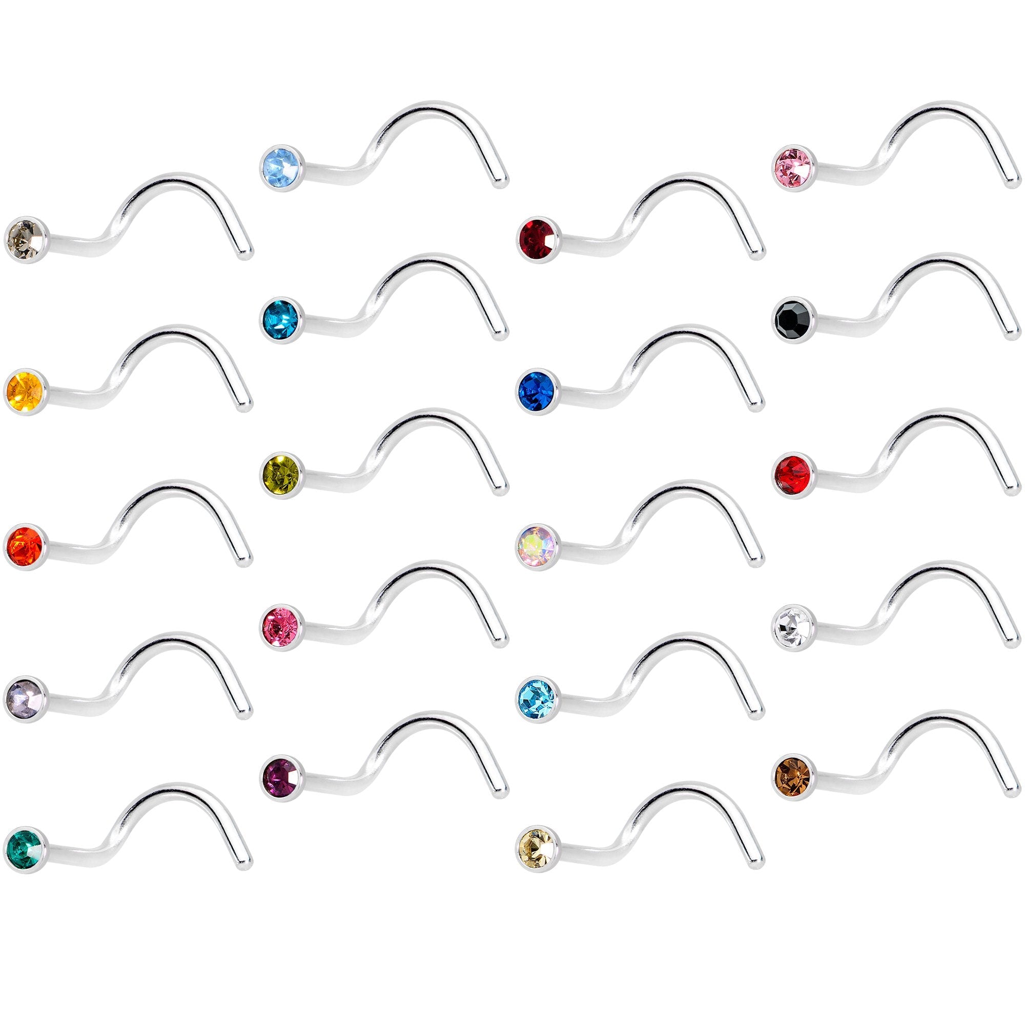 20G 5/16 Multi Color Gem Steel Nose Screw 20 Pack Set
