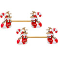 Clear Gem Gold PVD Christmas Candy Cane Barbell Nipple Ring Set