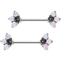 9/16 White Faux Opal Three Petal Flower Barbell Nipple Ring Set