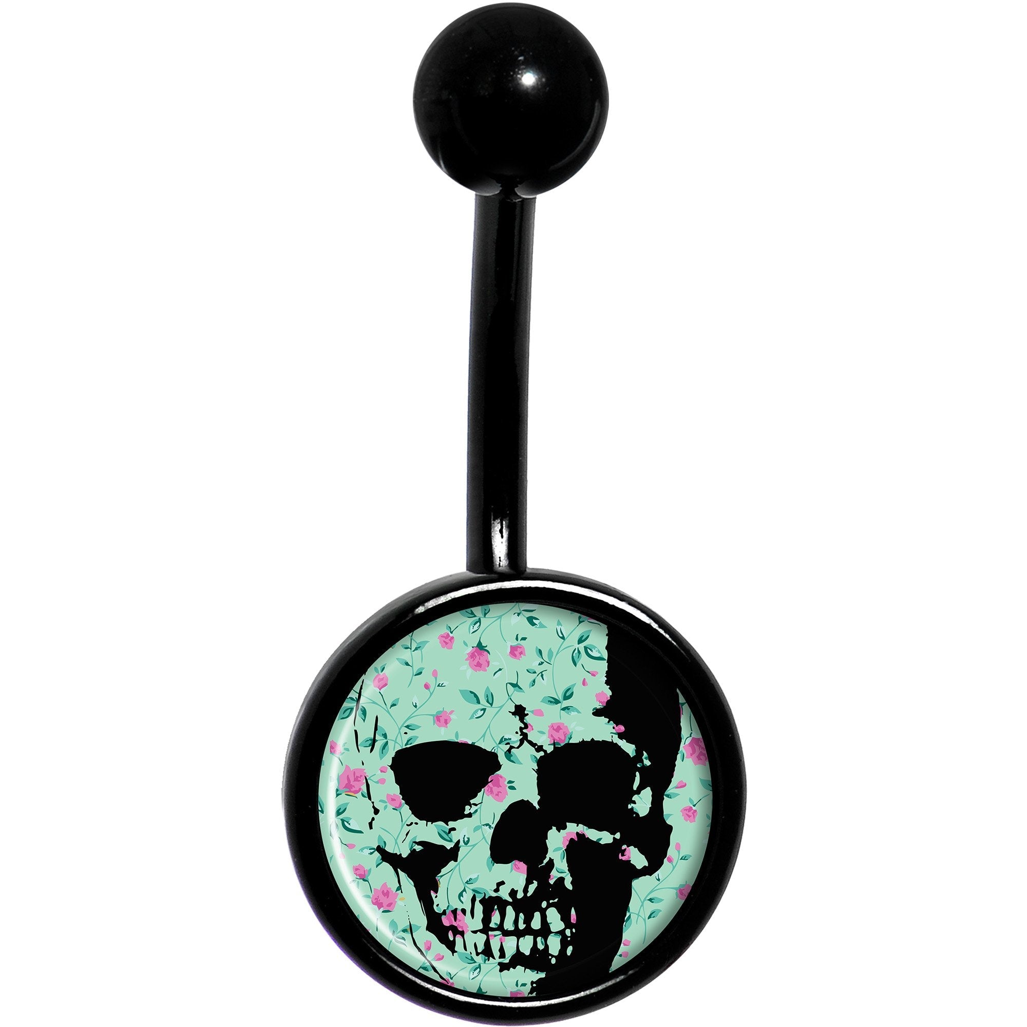 Green Pink Floral Skull Black Belly Ring
